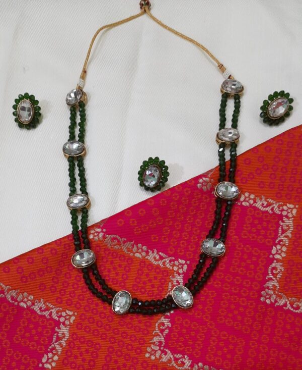 Green Cristal Beads Kundan Long Necklace