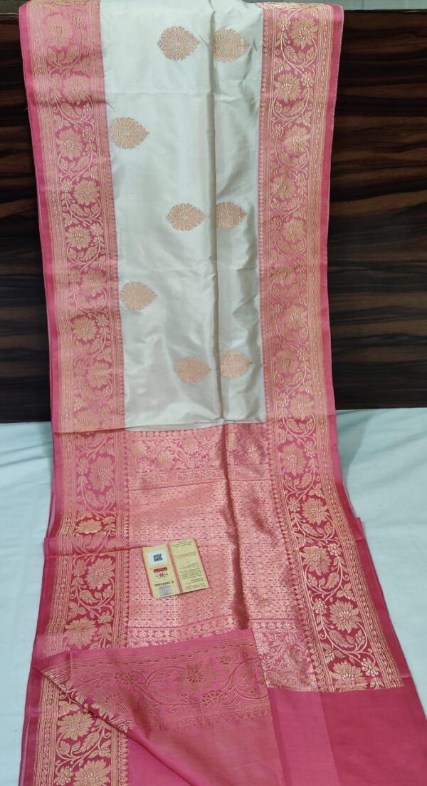 Silver Katan Banarasi Saree With Pink Border