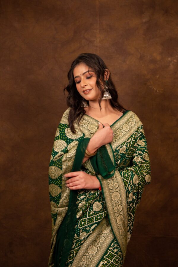 Green Saree Georgette Silk Bandhani - Image 4