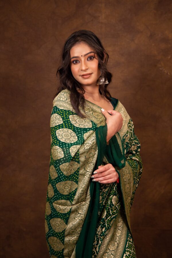 Green Saree Georgette Silk Bandhani - Image 2